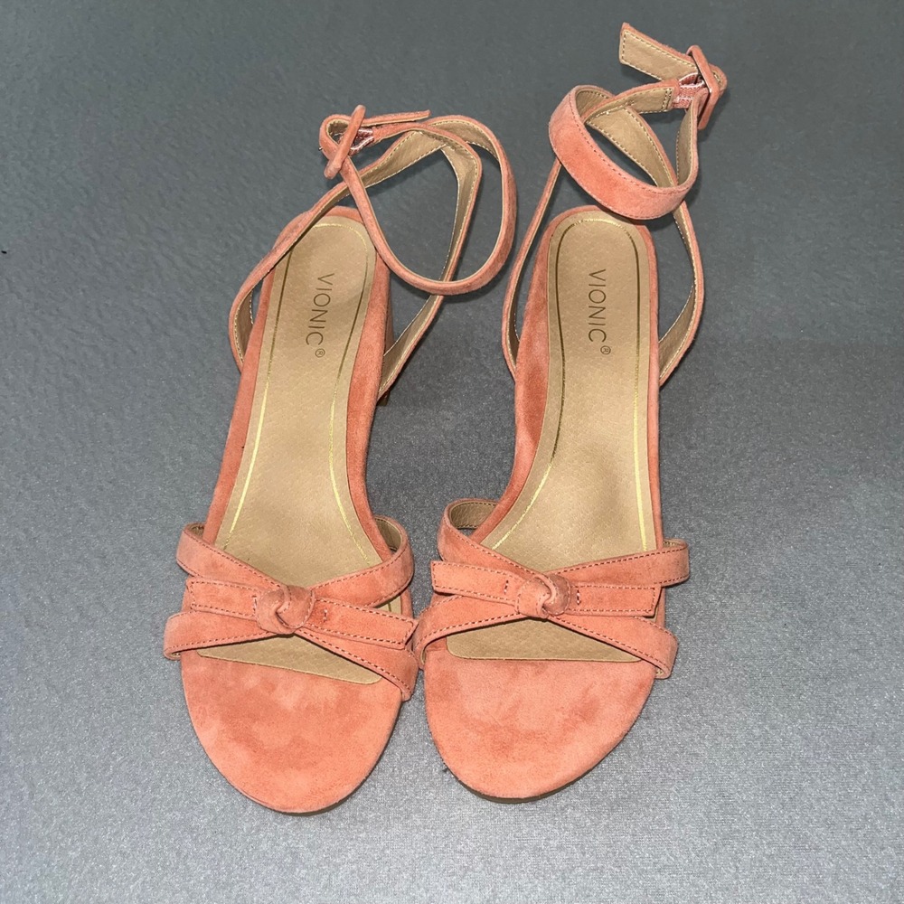 NEW Vionic Rosabel Coral Pink Suede Block Heel Sandals Ankle Strap Bow Detail 8M